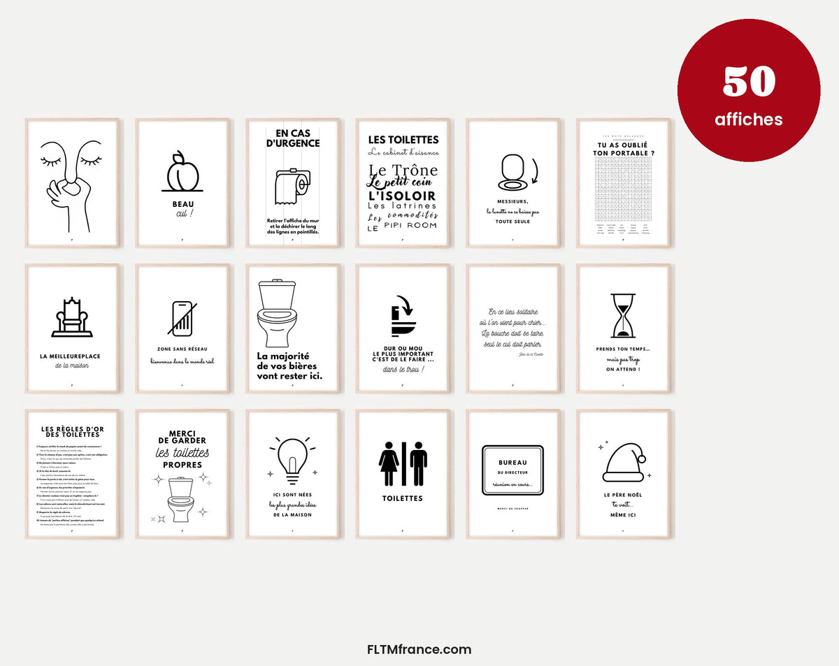 Pack 50 affiches toilettes humour à imprimer – mur de cadres FLTM
