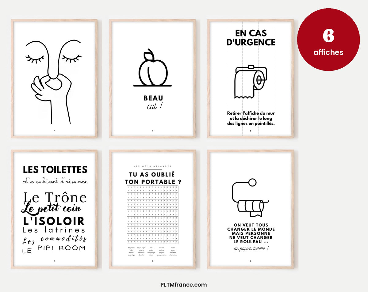 Pack 6 affiches humour WC à imprimer – mur de cadres FLTM