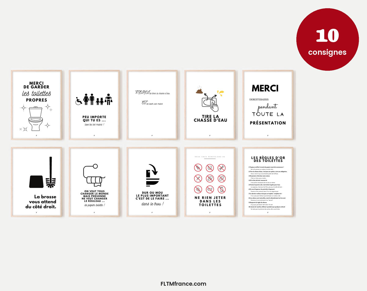 Pack 10 affiches toilettes propres à imprimer – consignes WC avec humour