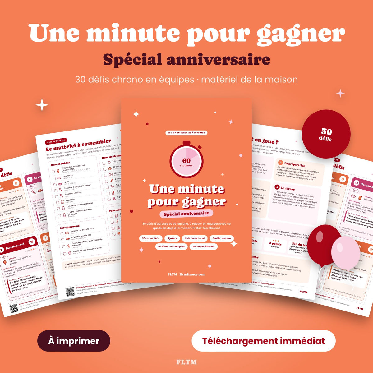 Jeu Une minute pour gagner spécial anniversaire : 30 défis chrono à imprimer