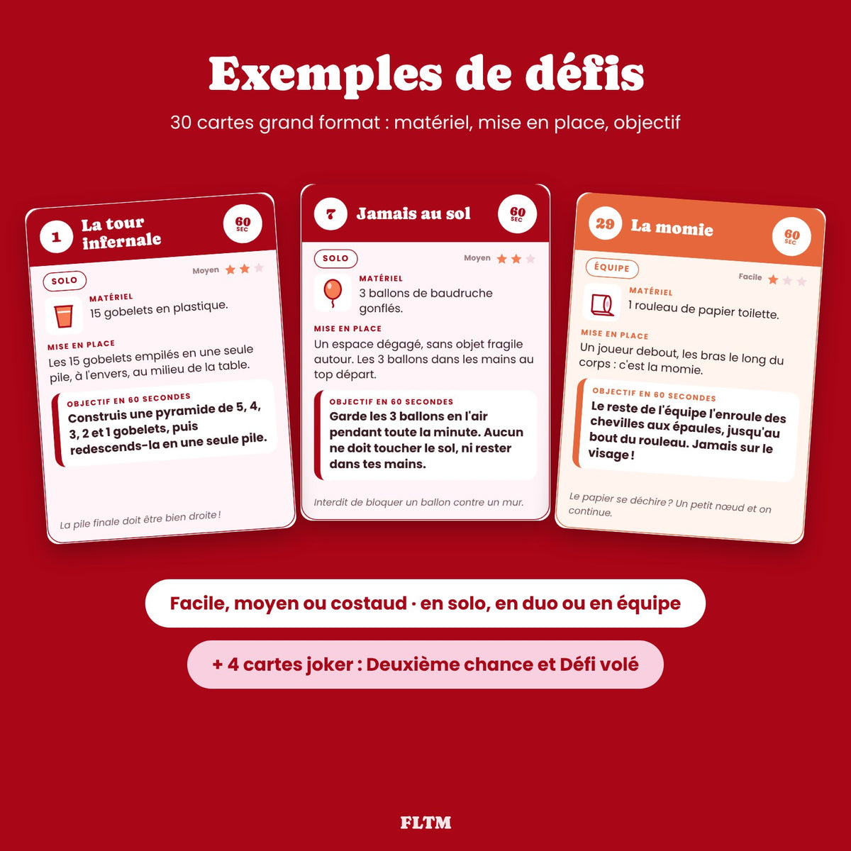 Exemples de cartes défis Une minute pour gagner : tour de gobelets, ballons, momie