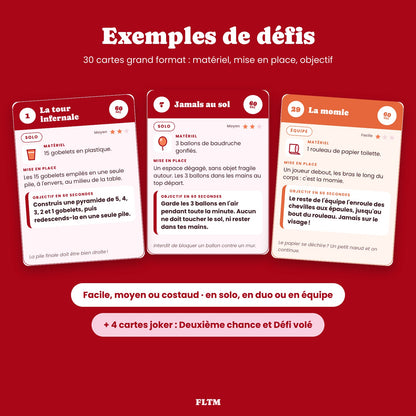 Exemples de cartes défis Une minute pour gagner : tour de gobelets, ballons, momie