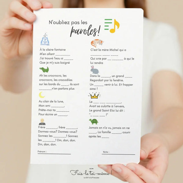 Jeu N'oubliez pas les paroles - Jeu Baby Shower à imprimer