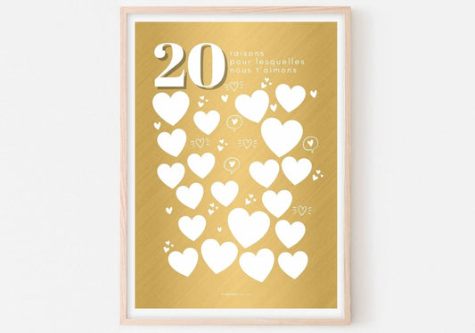 Affiche fond gold 20 raisons pour lesquelles nous t’aimons - Anniversaire 20 ans FLTMfrance