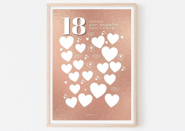Affiche 18 raisons pour lesquelles nous t'aimons rose gold - Anniversaire 18 ans