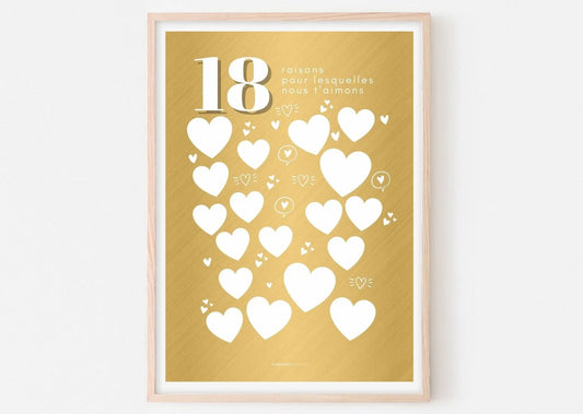 Affiche fond gold 18 raisons pour lesquelles nous t’aimons - Anniversaire 18 ans FLTMfrance