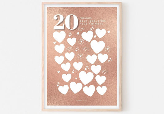 Affiche fond pink gold 20 raisons pour lesquelles nous t’aimons - Anniversaire 20 ans FLTMfrance
