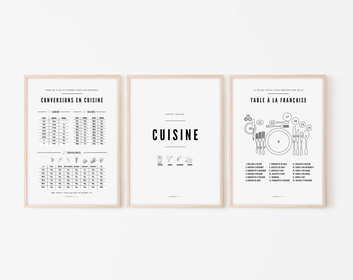 Pack de 3 affiches Cuisine - Cuisine 24h/24, Conversion en cuisine et Table à la Française FLTMfrance