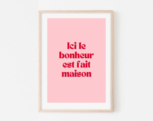 Affiche Ici le bonheur est fait maison - Affiche citation rose - Pink affiche  - Poster à imprimer FLTMfrance