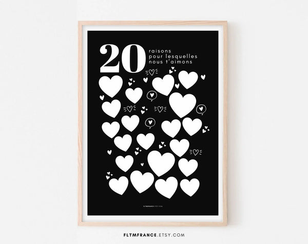 Affiche fond noir 20 raisons pour lesquelles nous t'aimons