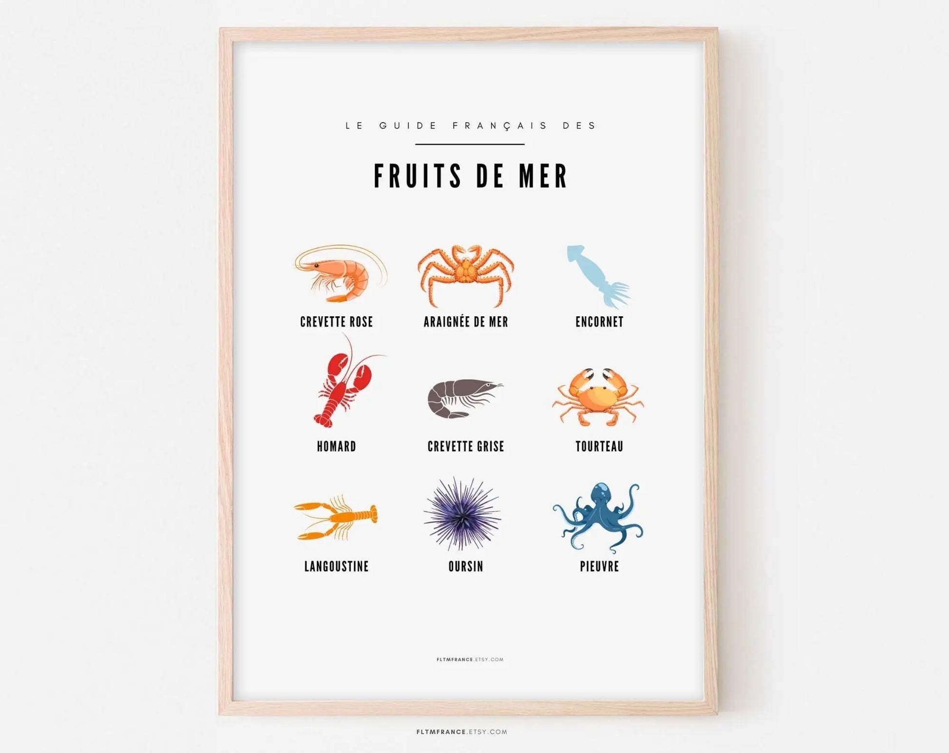 Affiche Fruits de mer - Guide des différents fruits de mer - Poster à imprimer - Décoration murale - Homard, crevette, langoustine, ... FLTMfrance