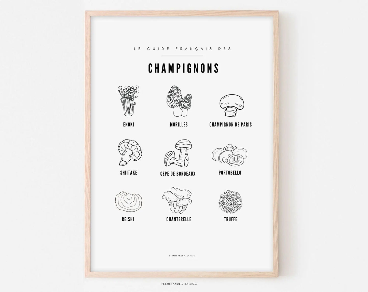 Affiche Champignon noir et blanc - Guide des différents champignons - Poster à imprimer - Décoration murale - Champignon de Paris, truffe... FLTMfrance