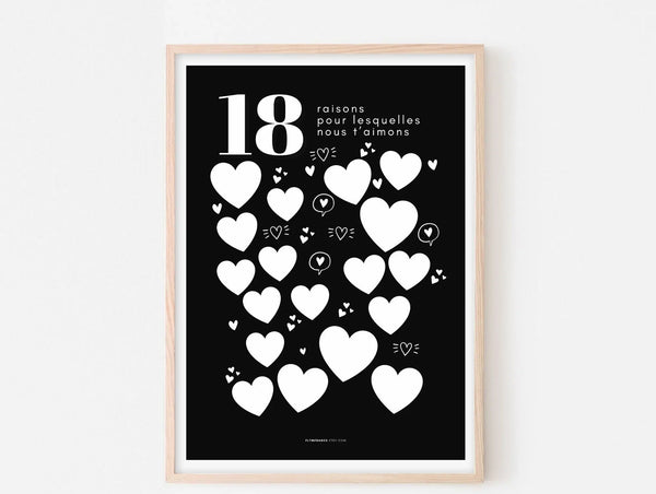 Affiche fond noir 18 raisons pour lesquelles nous t'aimons