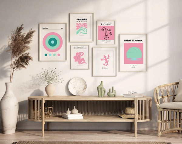 Lot de 6 affiches Rose et vert - Ensemble d'affiches d'exposition