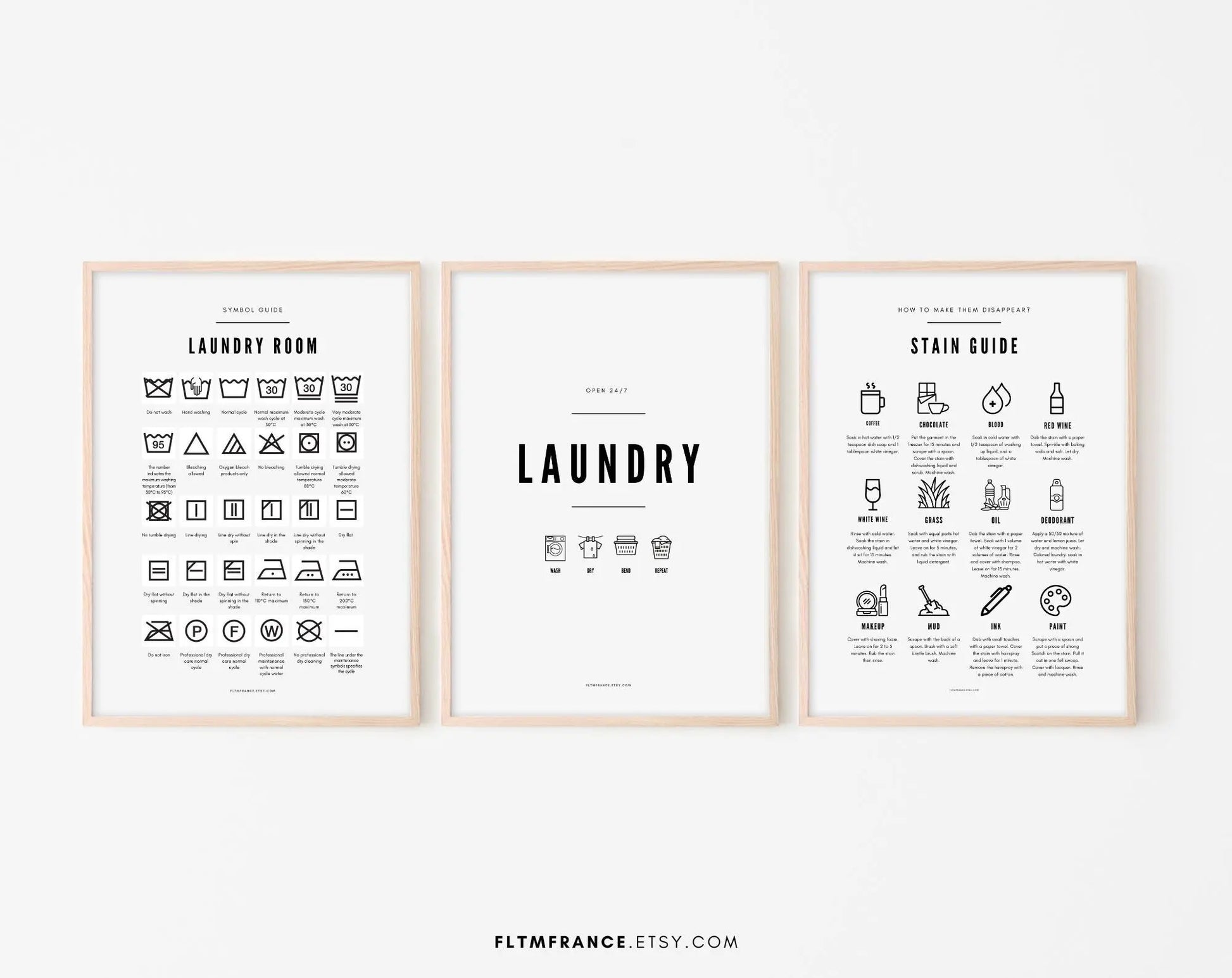 Set of 3 Posters Laundry, Laundry Room and Stain Guide - Laundry Symbols Guide Poster - Wall art printable poster - Laundry Wall Decor - FLTMfrance