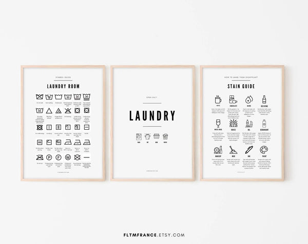 Affiches Laundry, Laundry Room et Stain Guide - Décoration buanderie