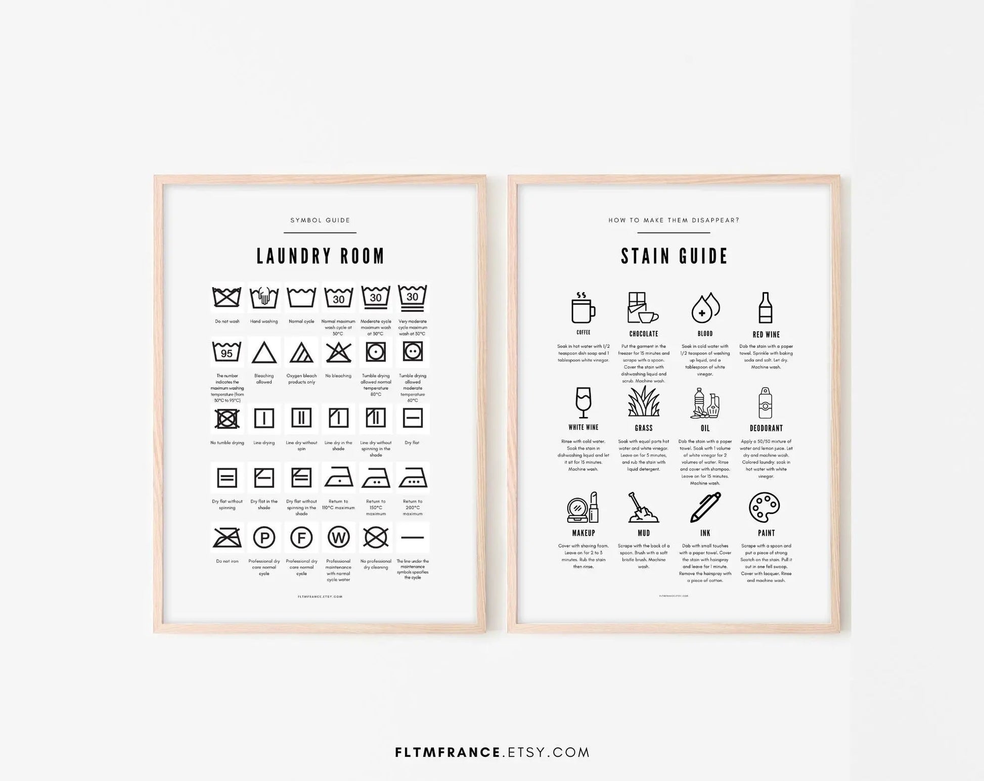 Set of 2 Posters Laundry Room and Stain Guide - Laundry Symbols Guide Poster - Wall art printable poster - Laundry Wall Decor FLTMfrance
