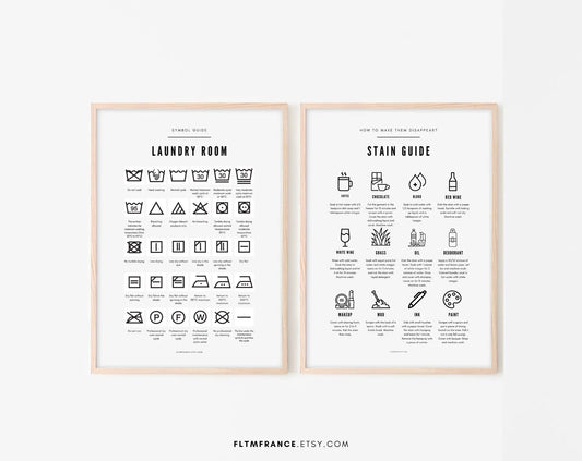Set of 2 Posters Laundry Room and Stain Guide - Laundry Symbols Guide Poster - Wall art printable poster - Laundry Wall Decor FLTMfrance
