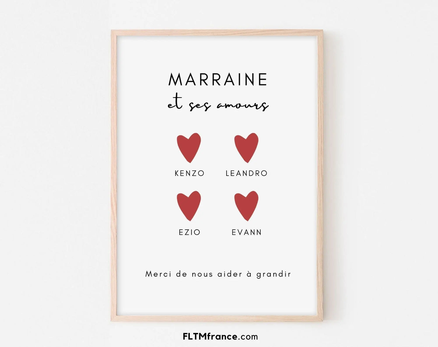 Marraine avec le ou les prénoms de ses filleuls Affiche personnalisée - Décoration murale pour marraines - Idée cadeau original à imprimer FLTMfrance