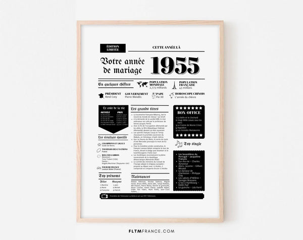 Affiche Année de mariage 1955 - Noces de platine - 70 ans de mariage