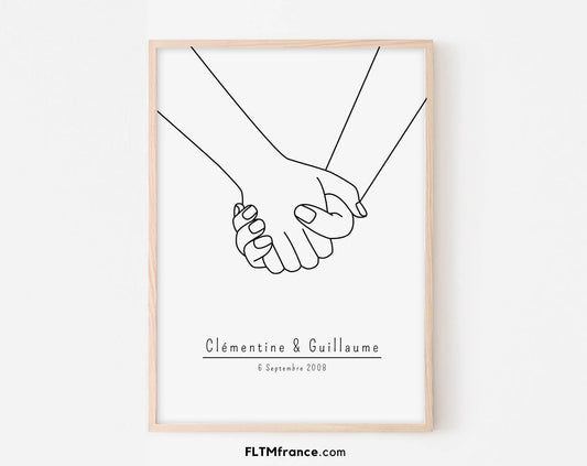 Affiche couple personnalisée avec prénoms - Dessin minimaliste main dans la main FLTMfrance