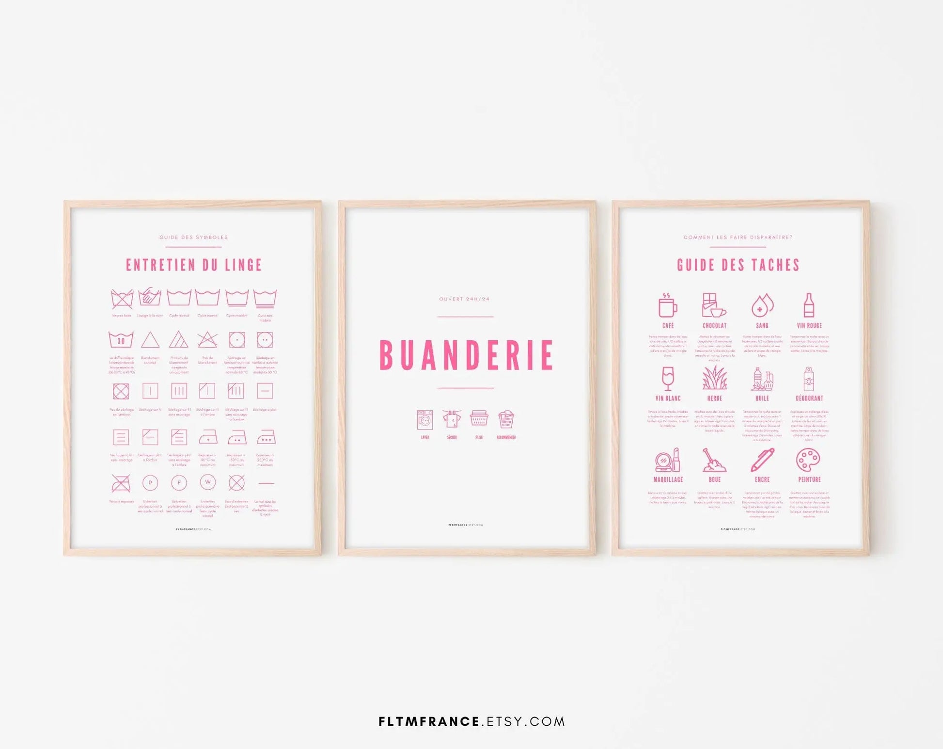 3 affiches rose Buanderie, Entretien du linge et Guide des taches FLTMfrance