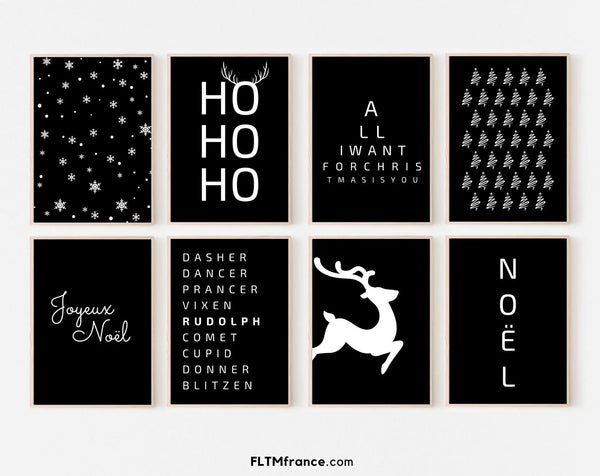 Art mural de Noël - 9 affiches de Noël - Déco de Noël noir et blanc
