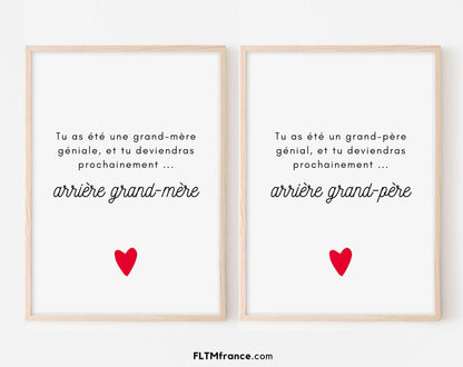 Annonce grossesse aux arrière grands-parents - Lot de 2 cartes ou posters à imprimer - Idée de cadeau original arrière grand-mère grand-père FLTMfrance