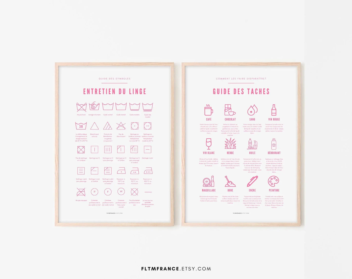2 affiches Entretien du linge et Guide des taches couleur rose FLTMfrance