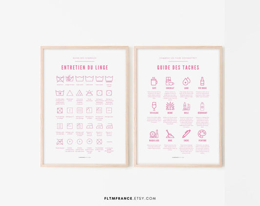2 affiches Entretien du linge et Guide des taches couleur rose FLTMfrance
