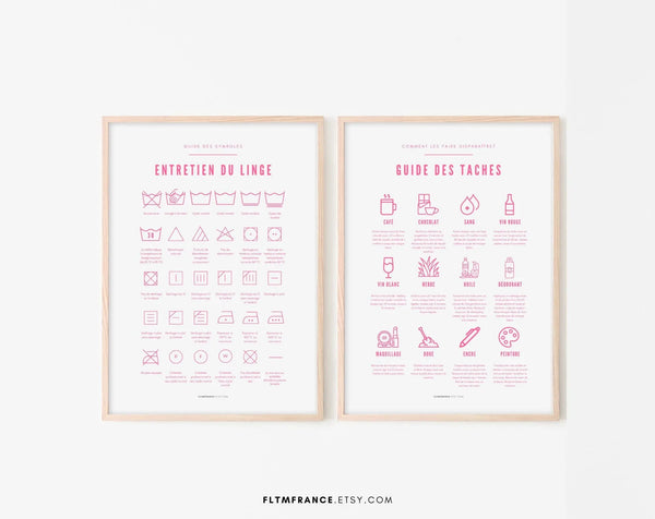 Affiches Entretien du linge et Guide des taches couleur rose