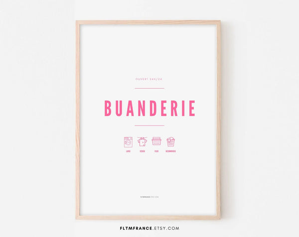 Affiche Buanderie rose - Ouvert 24h/24 - Poster buanderie