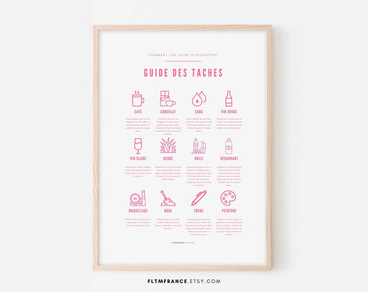 Affiche Guide des taches couleur rose - Entretien du linge enlever les taches - Poster de buanderie - Affiche à imprimer - Décoration murale FLTMfrance