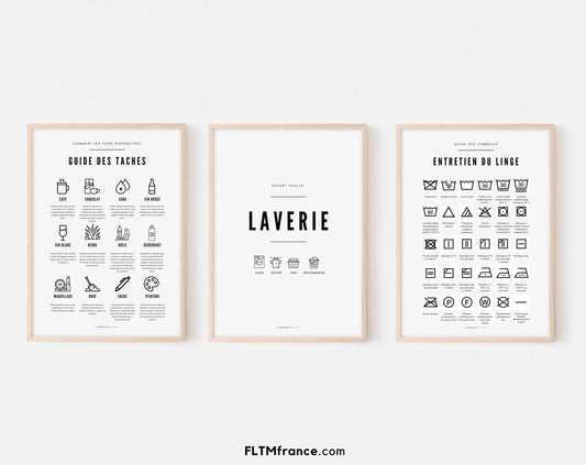 3 affiches Laverie, entretien du linge et guide des taches FLTMfrance