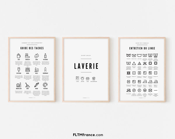 3 affiches Laverie, entretien du linge et guide des taches
