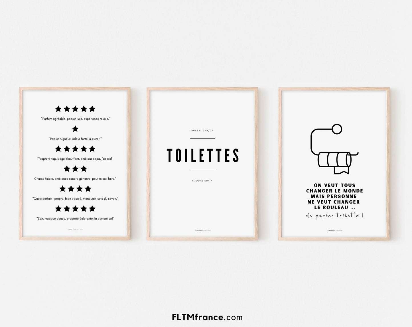 3 affiches Toilette, Notes étoiles et Changer papier toilette FLTMfrance