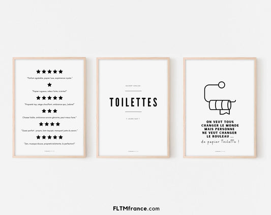 3 affiches Toilette, Notes étoiles et Changer papier toilette FLTMfrance