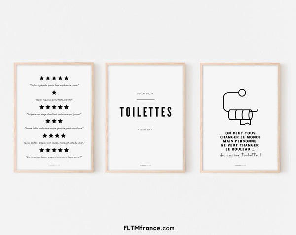 3 affiches Toilette, Notes étoiles et Changer papier toilette - Poster humour WC