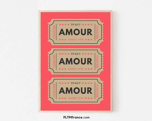 Mon amour ticket couleur corail - Affiche Saint-Valentin - FLTMfrance