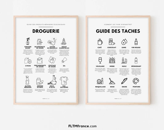 2 affiches Guide des taches et droguerie FLTMfrance