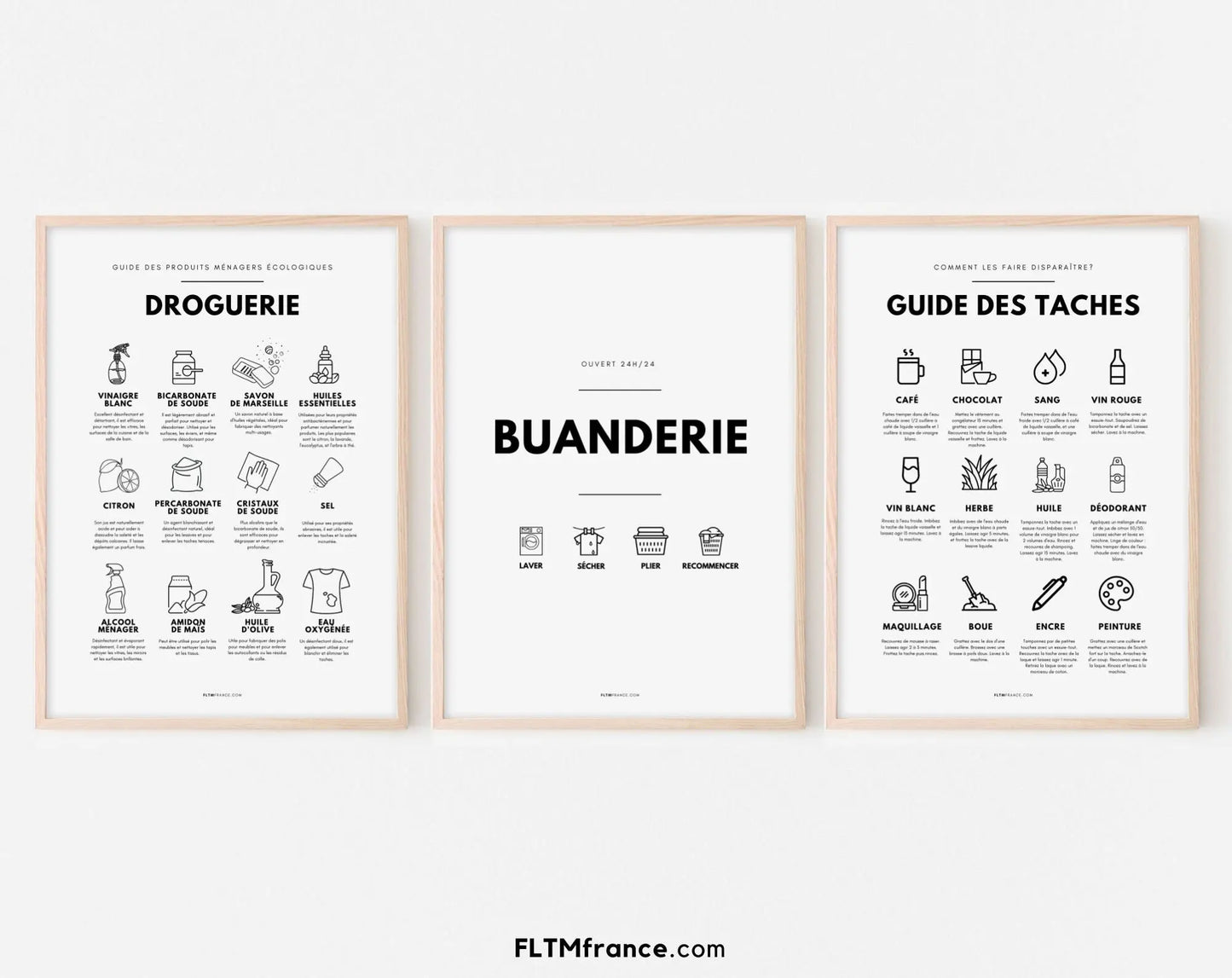 3 affiches Buanderie, Guide des taches et droguerie FLTMfrance