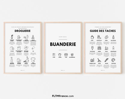 3 affiches Buanderie, Guide des taches et droguerie FLTMfrance