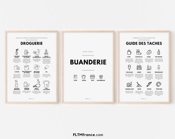 3 affiches Buanderie, Guide des taches et droguerie