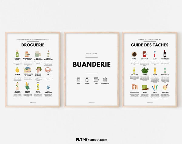 3 affiches couleurs Buanderie, guide des taches et droguerie