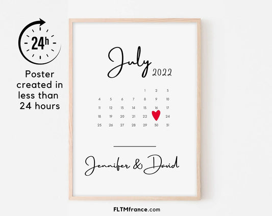 Personalized date poster for couple with first names and date of meeting, civil partnership or marriage - Wall decoration - Printable Poster - FLTMfrance