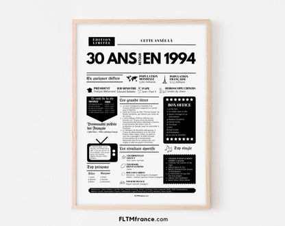 Affiche 30 ans retour en 1994 année de naissance - Carte anniversaire 30 ans FLTMfrance