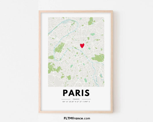 Ville avec petit cœur - Affiche carte de ville personnalisée et coordonnées GPS - Cadeau original - Décoration murale - Poster à imprimer FLTMfrance