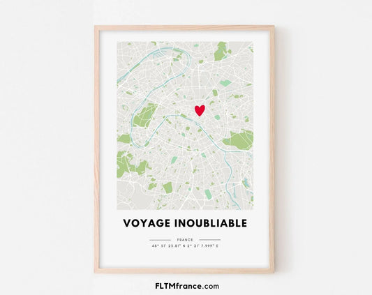 Voyage inoubliable - Affiche carte de ville personnalisée et coordonnées GPS - Cadeau original - Décoration murale - Poster à imprimer FLTMfrance